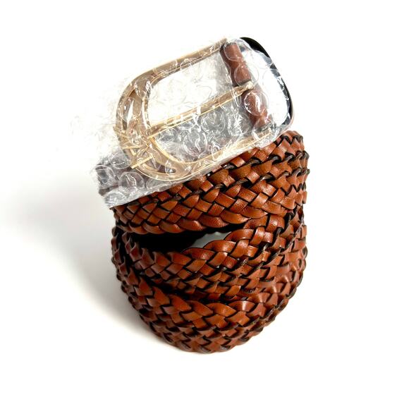 NEW Michael Kors Brown Braided Genuine Leather Belt Gold MK Logo Buckle S/M - Picture 2 of 7